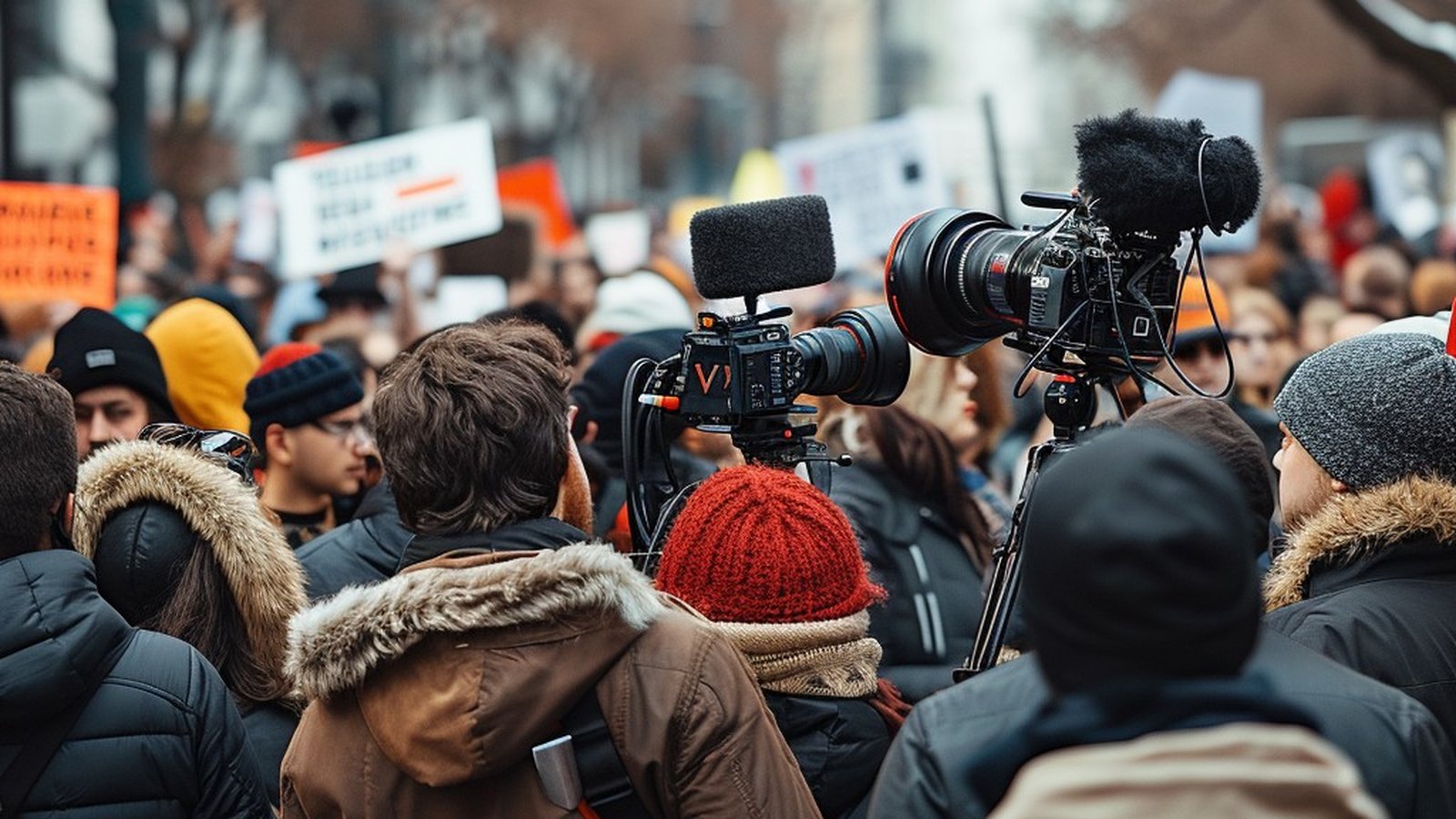 Equipos de prensa con cámaras entre manifestantes durante una protesta callejera